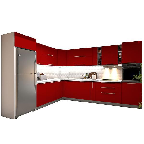 Set Bucatarie CHARM 02 colt 352x257cm - Fronturi: MDF Lucios Rosu - Blat: Andromeda