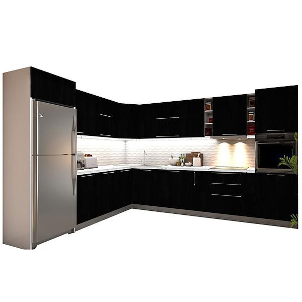 Set Bucatarie CHARM 02 colt 352x257cm - Fronturi: PAL Negru Fumuriu - Blat: Andromeda