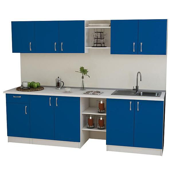 Set Bucatarie START 01 240cm - Fronturi: PAL Albastru Royal - Blat: Alb Perlat - Manere: Satin