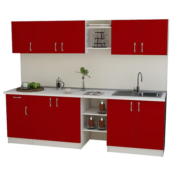 Set Bucatarie START 01 240cm - Fronturi: PAL Rosu Chili 04 - Blat: Alb Perlat - Manere: Satin