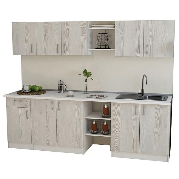 Set Bucatarie START 01 240cm - Fronturi: PAL Pin Alb 04 - Blat: Alb Perlat - Manere: Satin