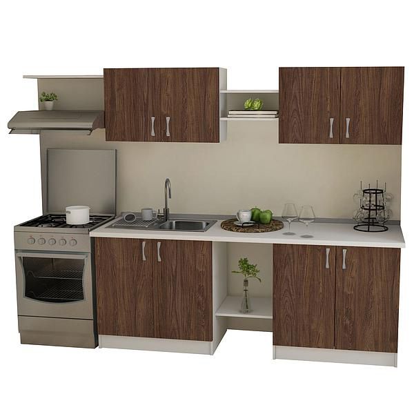 Set Bucatarie START 02 260cm - Fronturi: PAL Lemn Antichizat 04 - Blat: Alb Perlat - Manere: Satin