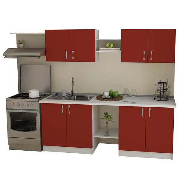 Set Bucatarie START 02 260cm - Fronturi: PAL Rosu Ceramic - Blat: Alb Perlat - Manere: Satin