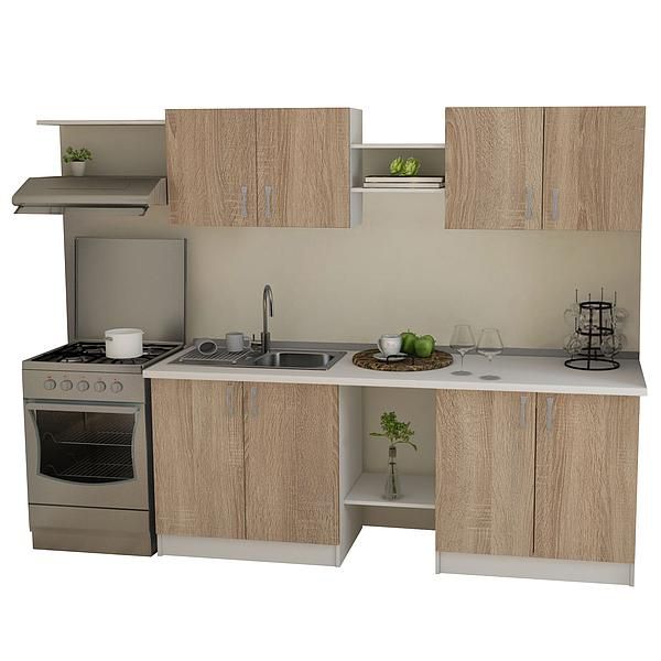 Set Bucatarie START 02 260cm - Fronturi: PAL Sonoma 04 - Blat: Alb Perlat - Manere: Satin