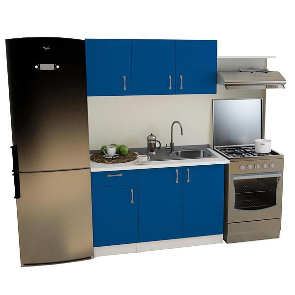 Set Bucatarie START 03 120cm - Fronturi: PAL Albastru Royal - Blat: Alb Perlat - Manere: Satin