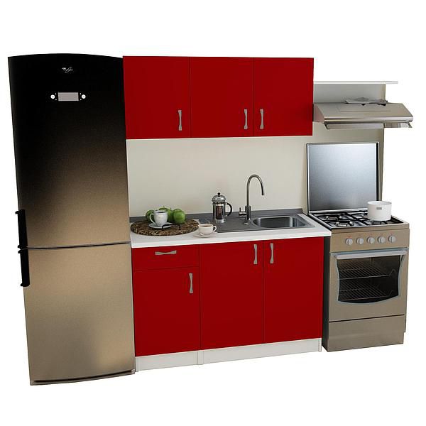 Set Bucatarie START 03 120cm - Fronturi: PAL Rosu Chili 04 - Blat: Alb Perlat - Manere: Satin