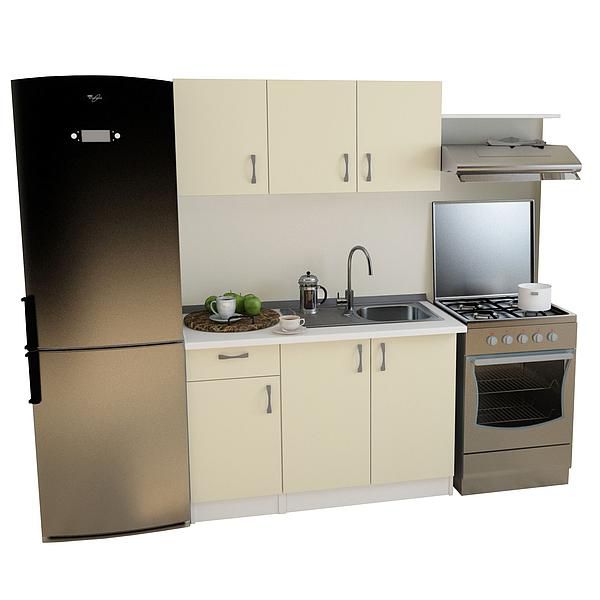 Set Bucatarie START 03 120cm - Fronturi: PAL Migdala 04 - Blat: Alb Perlat - Manere: Satin