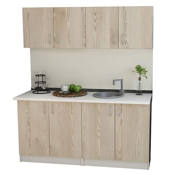 Set Bucatarie START 04 160cm - Fronturi: PAL Pin Crem 04 - Blat: Alb Perlat - Manere: Satin