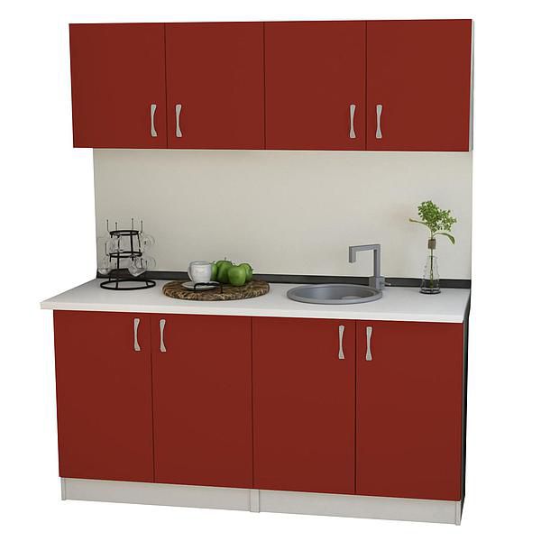 Set Bucatarie START 04 160cm - Fronturi: PAL Rosu Ceramic - Blat: Alb Perlat - Manere: Satin