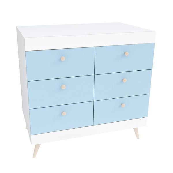 Comoda scandinava THOR 6 sertare 90x85x43 - Carcasa: PAL Alb - Fete: PAL Surf Blue